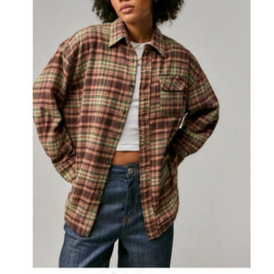 BDG Flannel Shirt Womens Large Dani Brown Plaid  Button Front Oversized Shacket